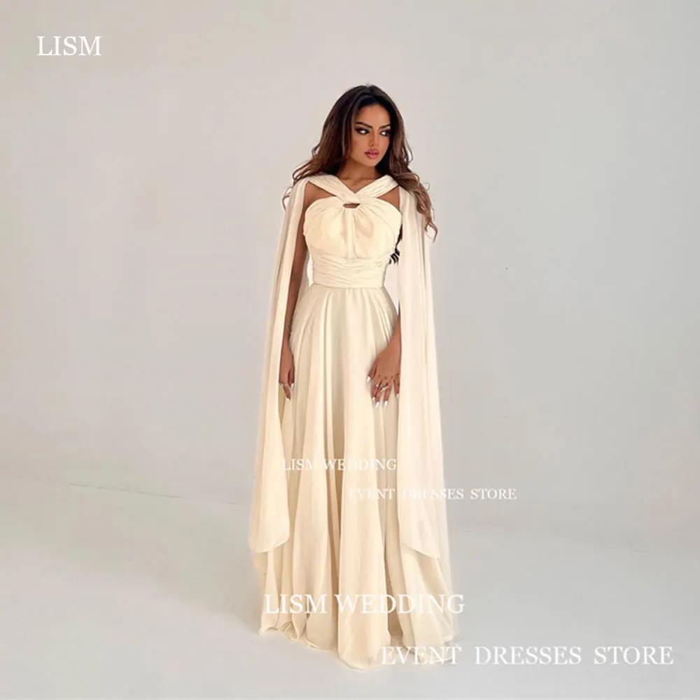 LISM Graceful A Line Evening Dress Saudi Arabia Chiffon Sleeveless Wedding Party Dresses Floor Length Prom Gown With Shawl