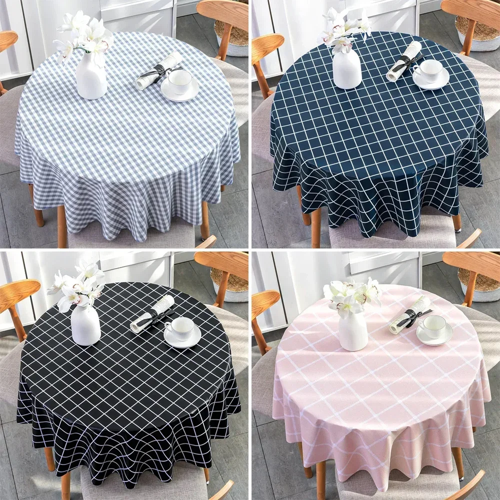 1PC Round Grid PVC Printed Tablecloth Waterproof Oil-proof Anti-Scalding Table Cloth Coffee Kitchen Dining Table Colth Cover Mat