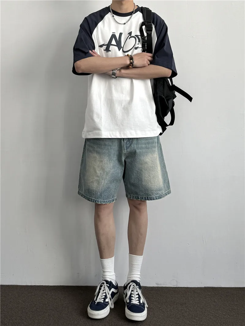 

Мужские летние тонкие свободные прямые повседневные джинсы с завышенной талией в стиле ретро, модные широкие джинсы с высокой талией в стиле пять четвертей