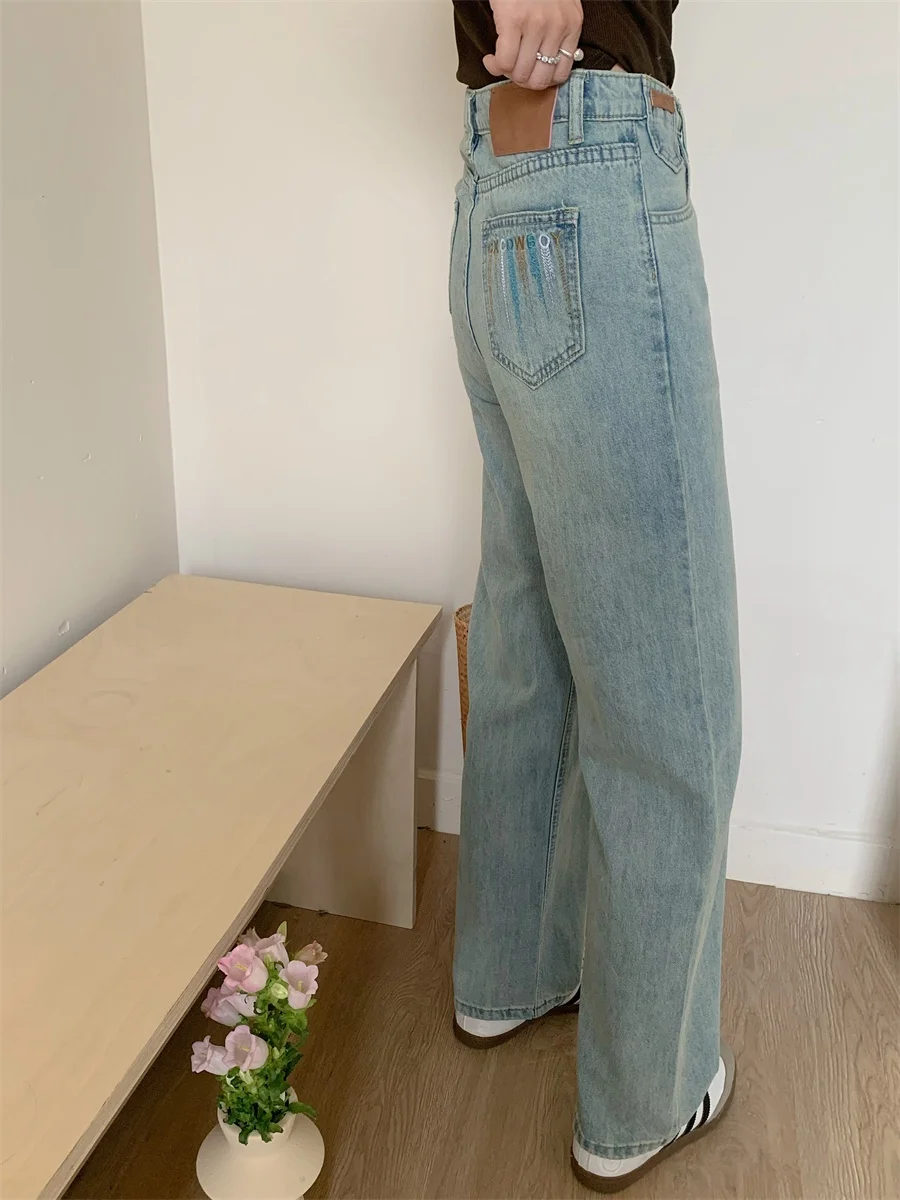 

OONA50 Women's High Waist Straight Leg Jeans ort Size Embroidered Slimming Light Blue Denim Pants Spring Summer Faion