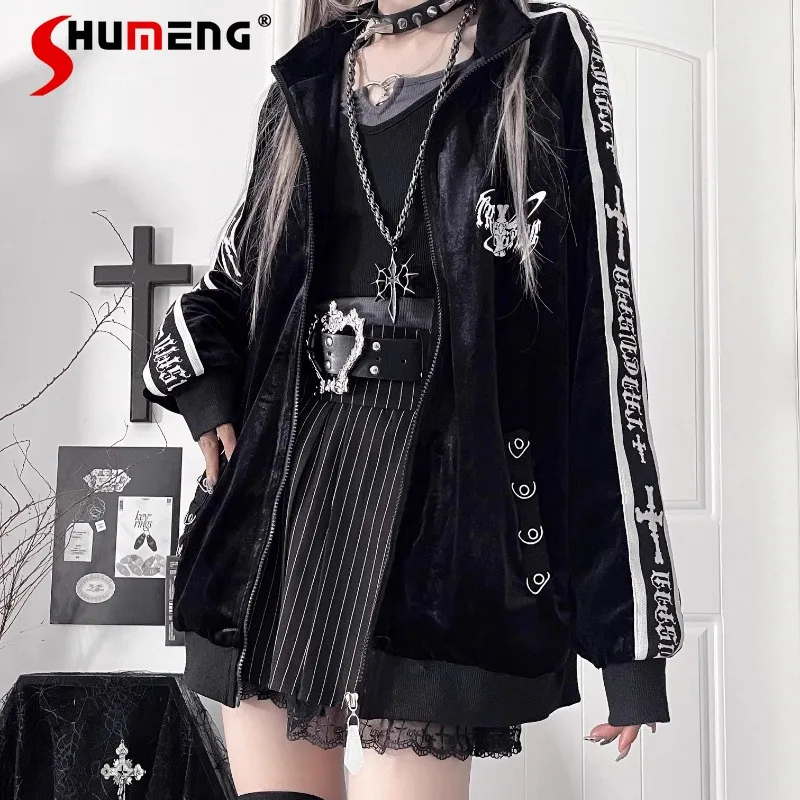 

Japanese Dark Black Long Sleeved Loose Sweatshirt Original Velvet Printed Subculture Dark Casual Zipper Sportswear Jacket Women