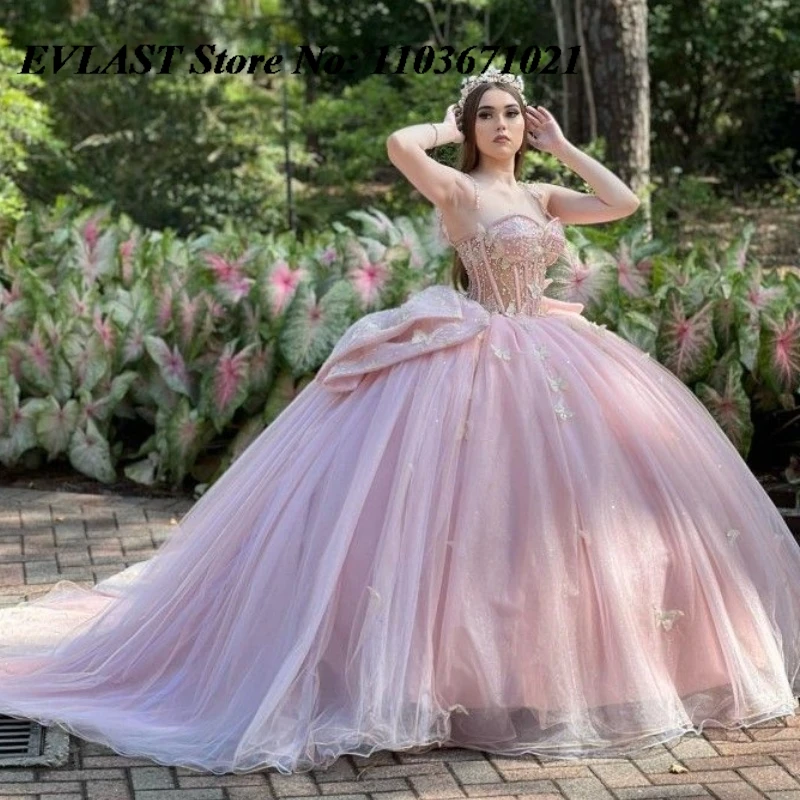 

EVLAST Blush Pink Quinceanera Dress Ball Gown 3D Butterfly Applique Beading Mexican Bow Sweet 16 Vestidos De XV 15 Anos SQ13