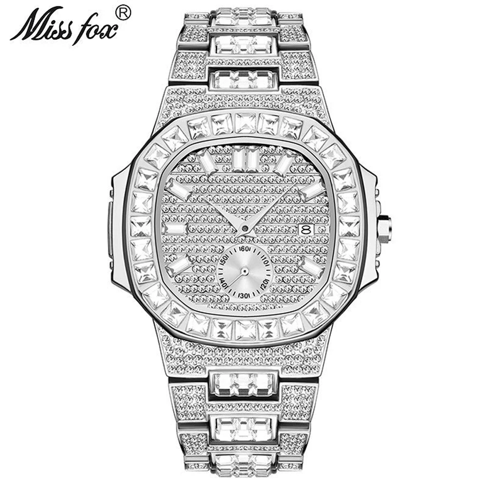 MISSFOX Classic Watches For Men Top Brand Luxury Full Diamond Silver Quartz Watch Fashion High End Stainless Steel Man Clock New