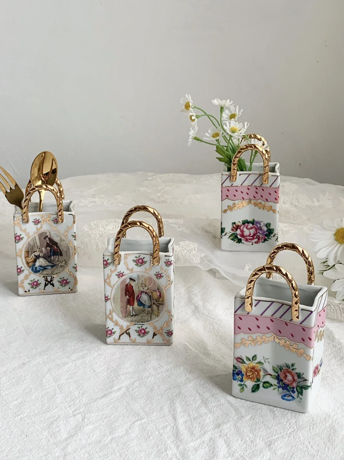 

Retro palace style floral small tote bag with gold painted tabletop fork spoon storage small flower basket