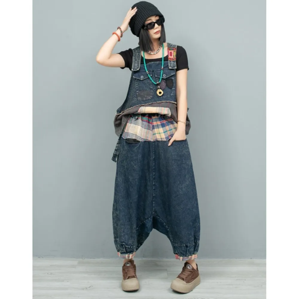 Vintage Denim Patchwork Plaid Camisole Vest + Hanging Crotch Pants Two-piece Set Women 2024 Autumn Stylish Pant Set LX2401