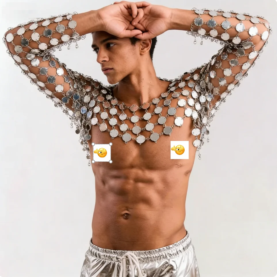

Glitter Metallic Disc Body Chain Top for Men Hollow Out Crystal Mesh Shrug for Stage Performance Clubwear