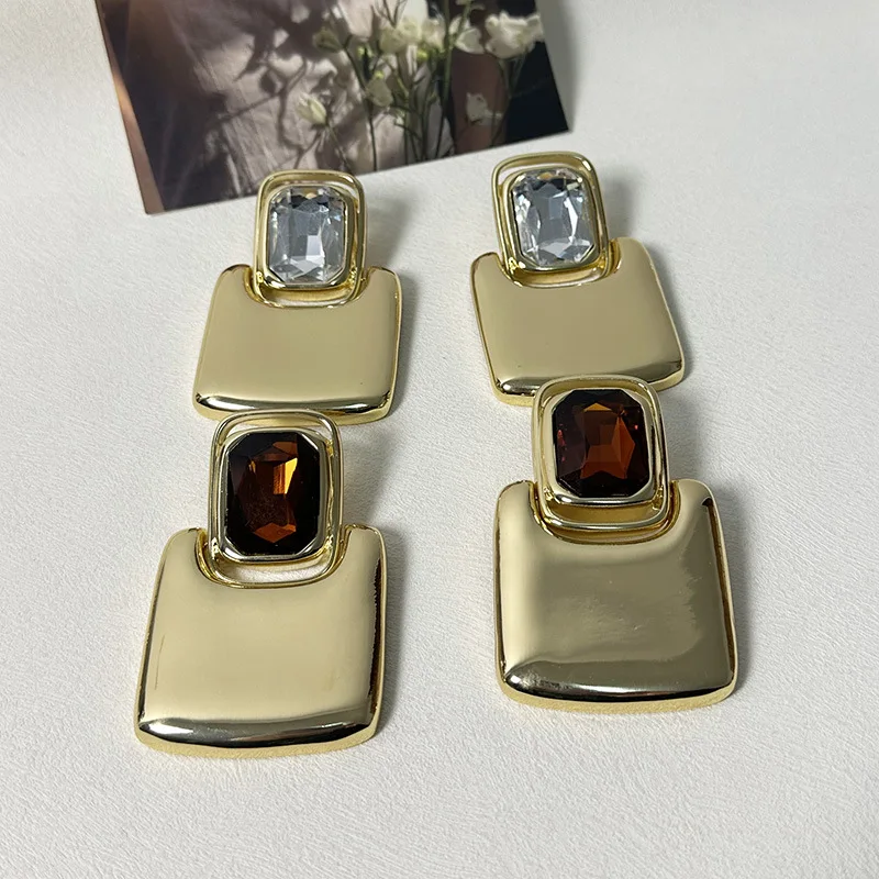 Retro Light Luxury High Sense Mirror Geometric Square Jewel Earrings Fashionable Temperament Of The Girl Style