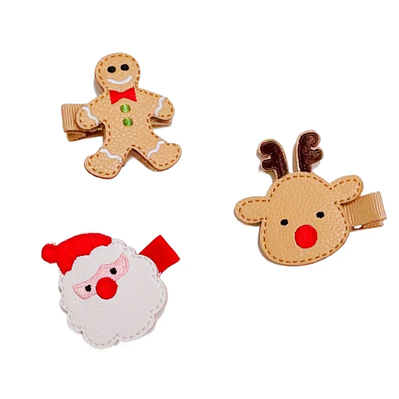 15Pairs Leather Reindeer Santa Hairpins Embroidery Gingerbread Man Hair Clips Xmas New Year Headwear Boutique Hair Accessories