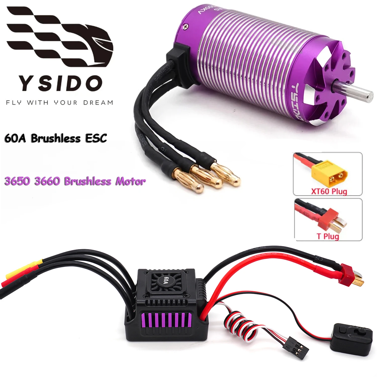YSIDO Bürstenloser sensorloser Motor 3660/3650 60A ESC Combo für 1:8 1:10 WLtoys HSP Tamiya Traxxas GTR RC Off-Road Racing Buggy Car