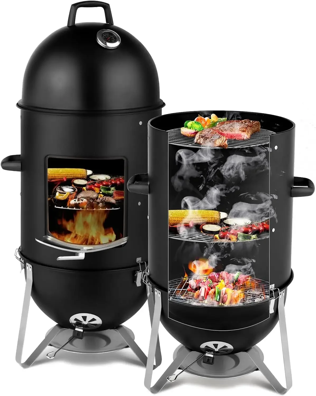 3 in 1 Vertical Steel Charcoal Smoker, Heavy Duty 3-Layer Round BBQ Grill Smokey Mountain Cooker for Outdoor Cooking, Black