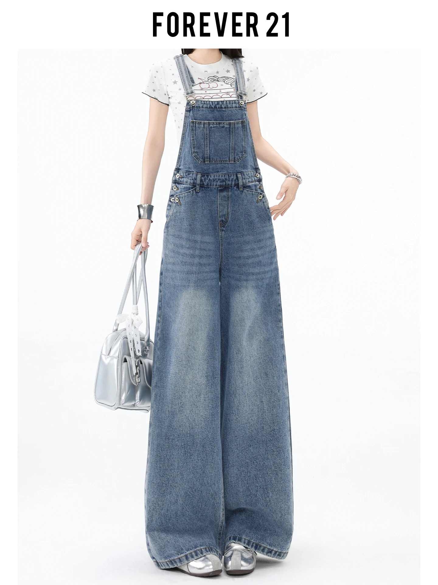 Overol Vaquero Azul Retro de Pierna Ancha y Corte Recto de Cintura Alta para Mujer, Estilo Casual, Novedad de Forever 21