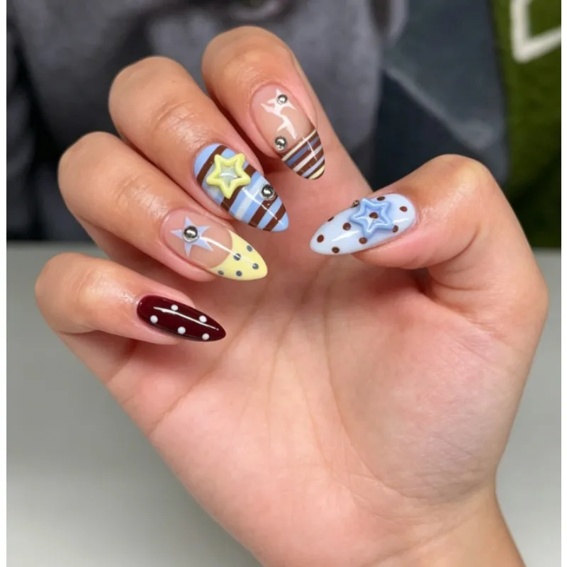 

24PCS Colorful Plaid Polka Dot Press on Nails Star Silver Stud False Nails Almond Acrylic Nail Tips for Y2K Preppy Casual Wear