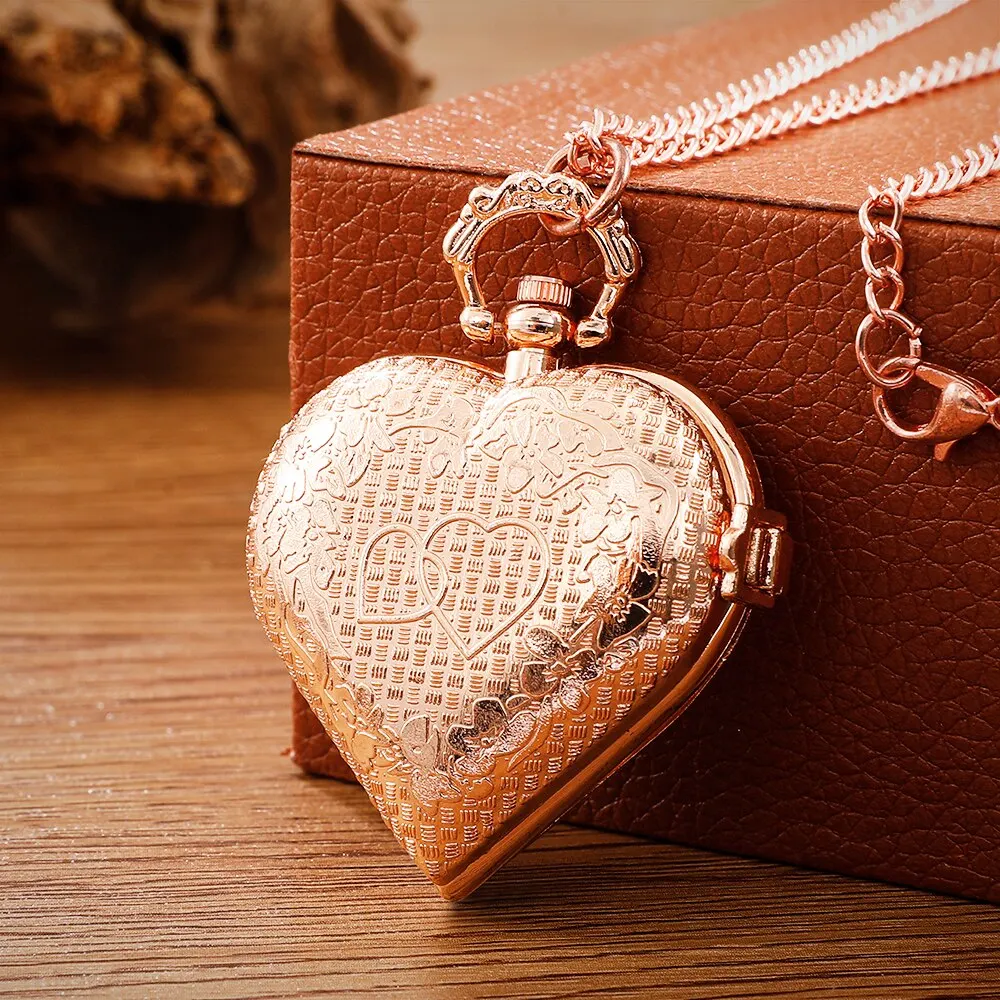 ผู้หญิงรักพ็อกเก็ตนาฬิกาโบราณวินเทจควอตซ์กระเป๋านาฬิกาสร้อยคอทองคำสีกุหลาบโซ่นาฬิกาผู้หญิง