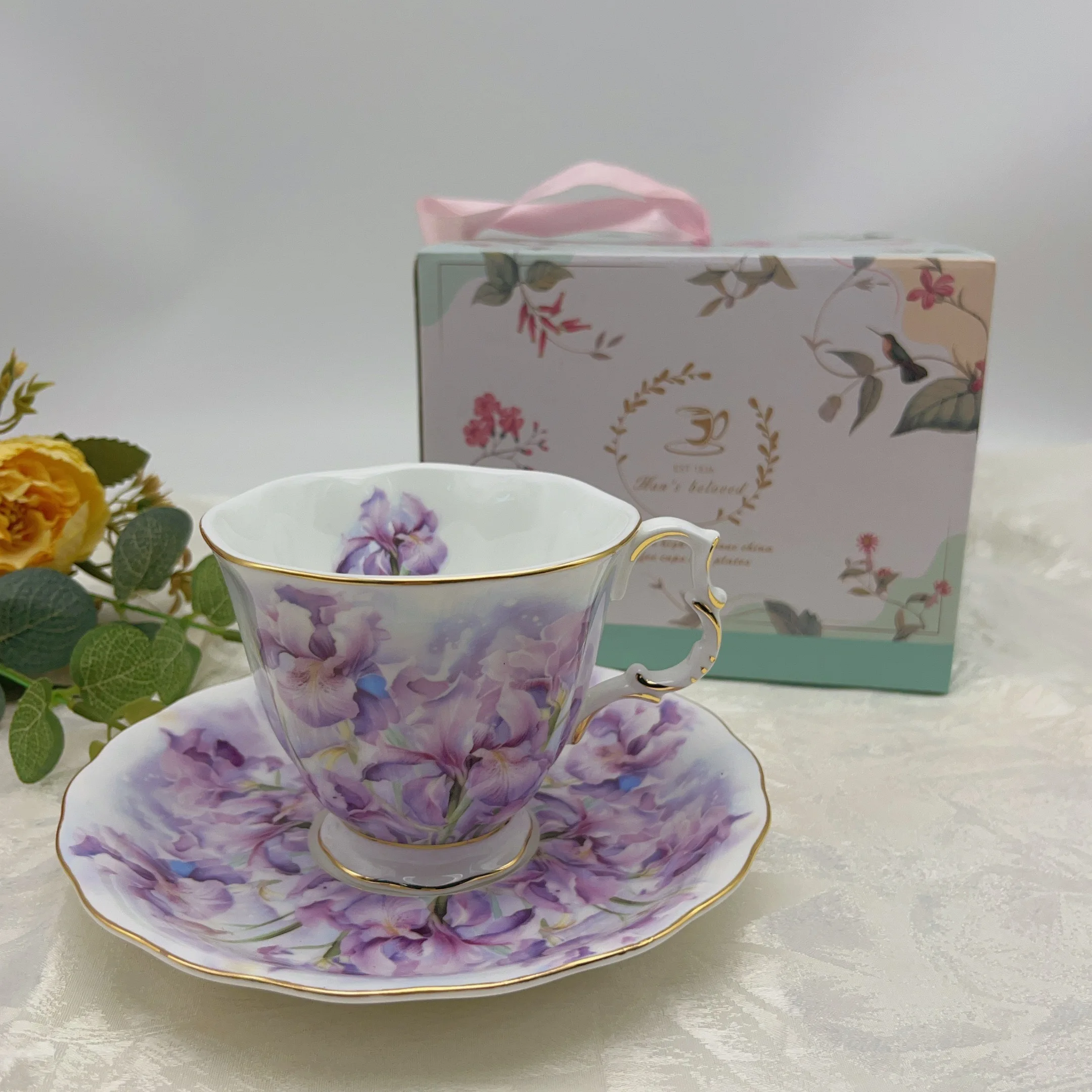 Luxury Modern Bone China Afternoon Tea Cup Set, Purple Iris Flower Cup, Plate, Coffee Cup, Plate, Gift Box 200ml