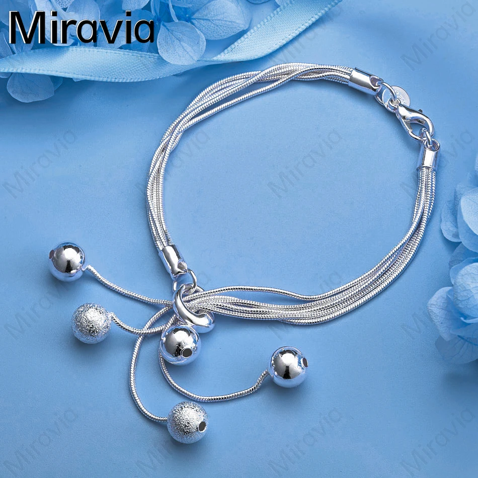 

Miravia 925 Sterling Silver Five Snake Chain Pendant Frosted Smooth Five Round Beads Bracelet Charm Fashion Wedding Jewelry