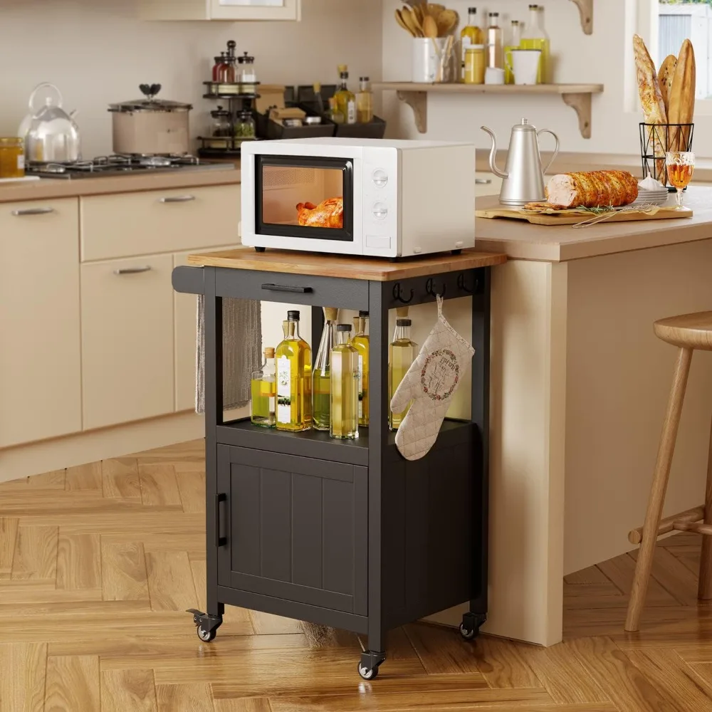 

Kitchen Island Cart , Storage Cabinet, Shelf and Side Hook, Rolling Kitchen Cart with Rubber Wood Countertop