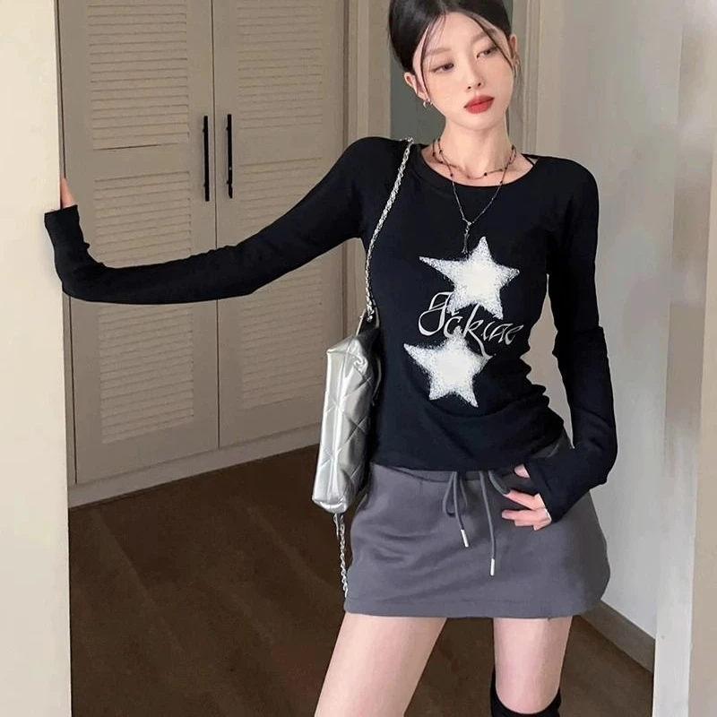 

Deeptown Vintage Y2k T-Shirts Women Black Long Sleeve Korean Style Print Tees Retro Streetwear Slim Up Autumn Winter T-Shirts