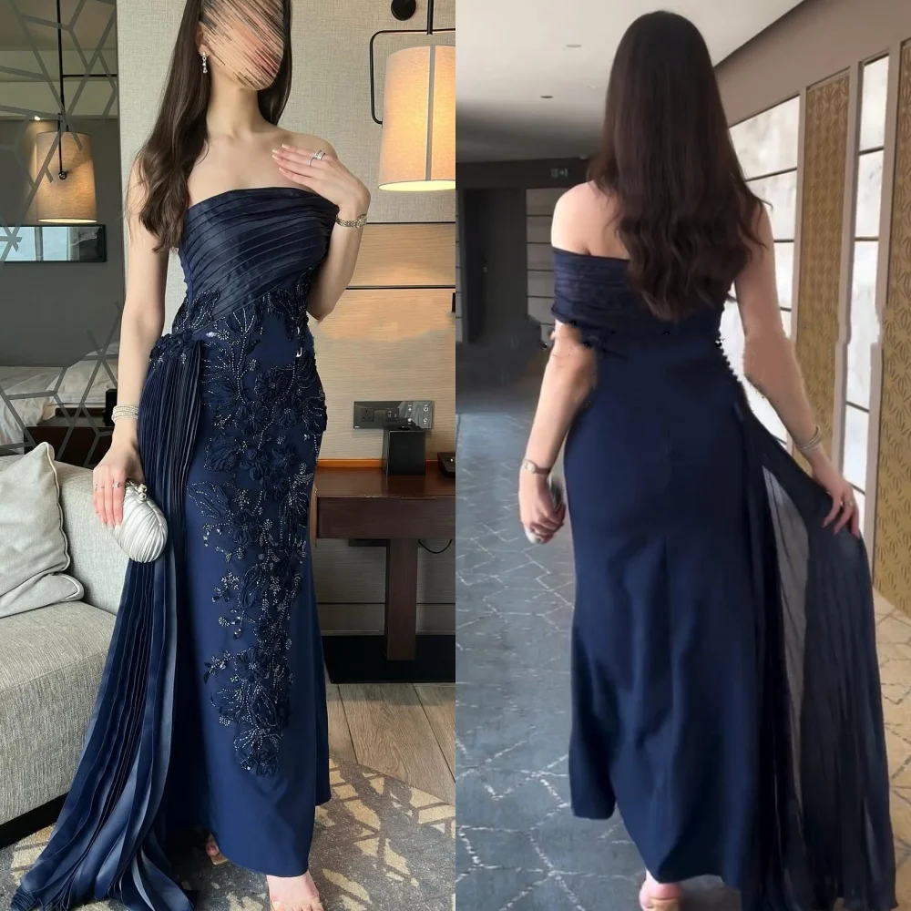 Customized Modern Style Classic Jersey Handmade Flower Beading Straight Strapless Ankle Length Dresses Bespoke Occasion Dresses