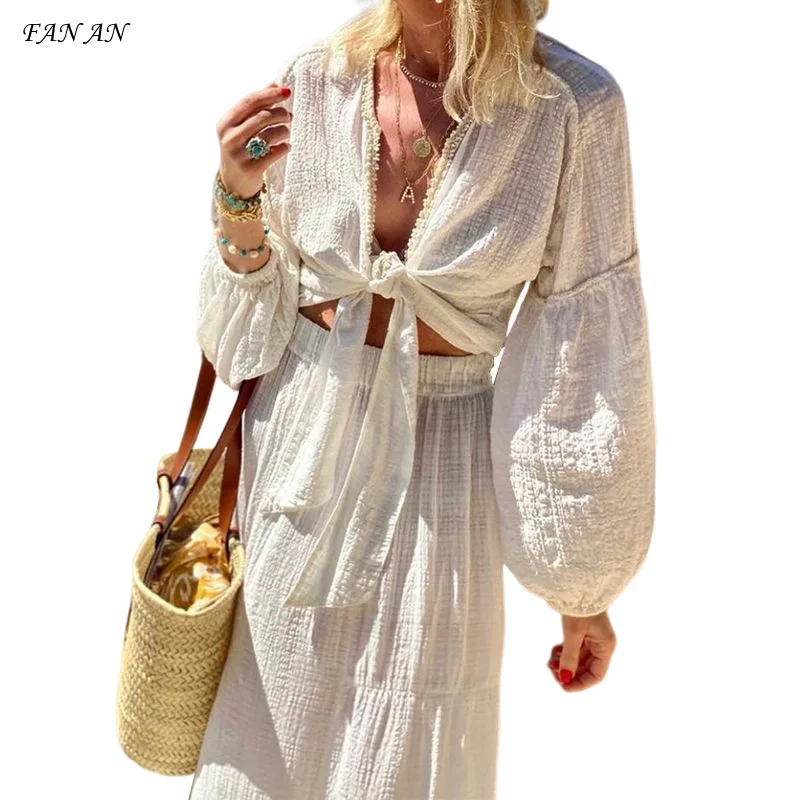 Summer New Cross-border Women\'s Boho Style Bubble Sleeve Cardigan Skirt Two-piece Women\'s Summer Long Dress Beach Vacation Set