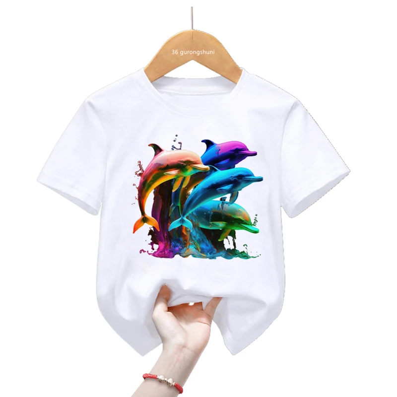 T-shirt de manga curta para meninas e meninos, estilo harajuku, kawaii, estampa de golfinhos, verão