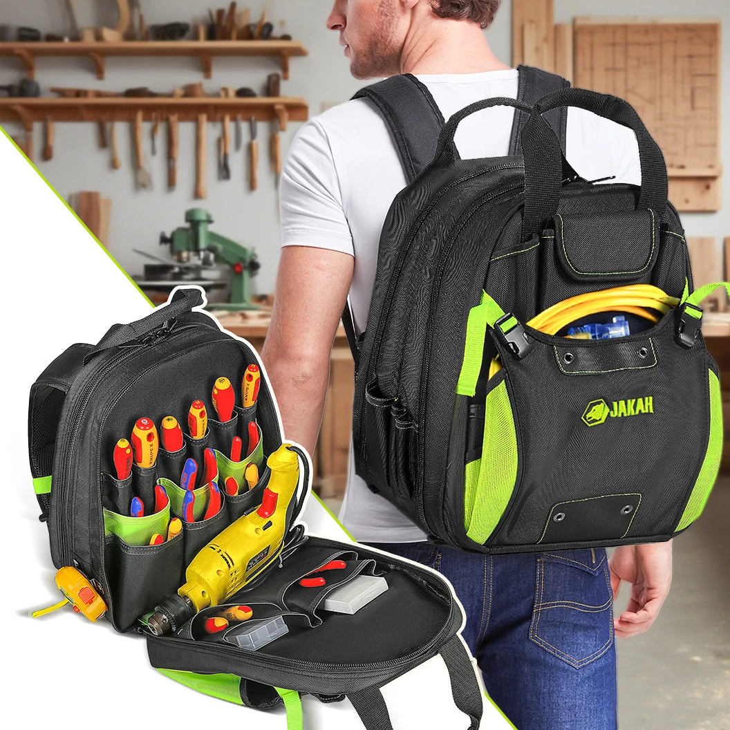 Jakah 42-Pockets Tool Backpack Heavy Duty Tool Organizer, Waterproof Bottom, Removable Tool Carrier, Electricians Backpack HL088