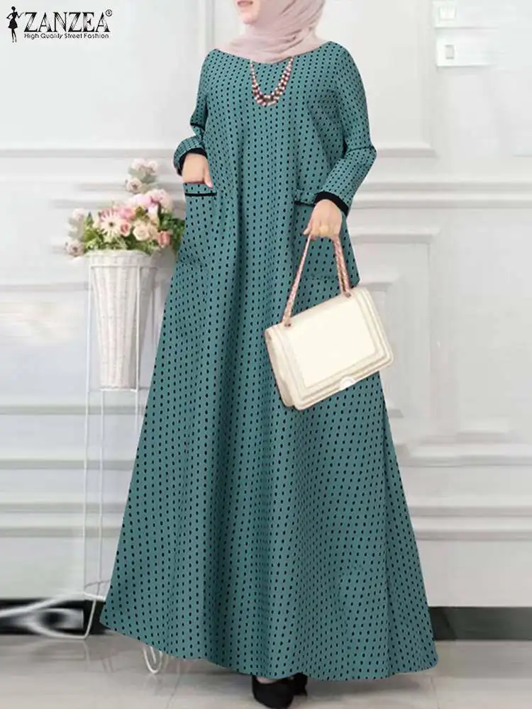 ZANZEA Muslim Long Dress Polka Dots Printed Causal Sundress Long Sleeve O Neck Maxi Dresses Turkey Dubai Abaya Oversize Robe