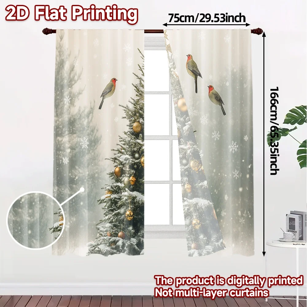 2pcs,Curtains Christmas Tree Snow Robin Birds (2) Chic Curtain Cloth Versatile Polyester Fabric Curtains Gifts Ldeal for