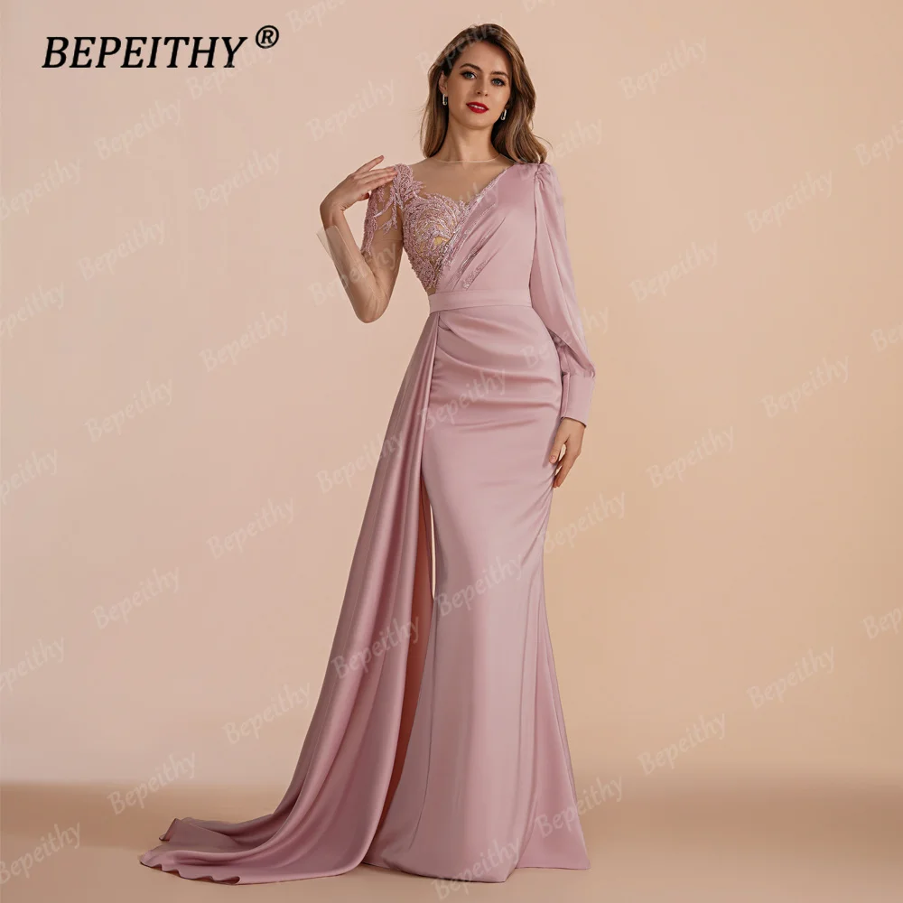 BEPEITHY Customized Muslim O Neck Mermaid Evening Formal Occasion Dresses 2023 For Women Full Sleeves Pleats Prom Party Gown New