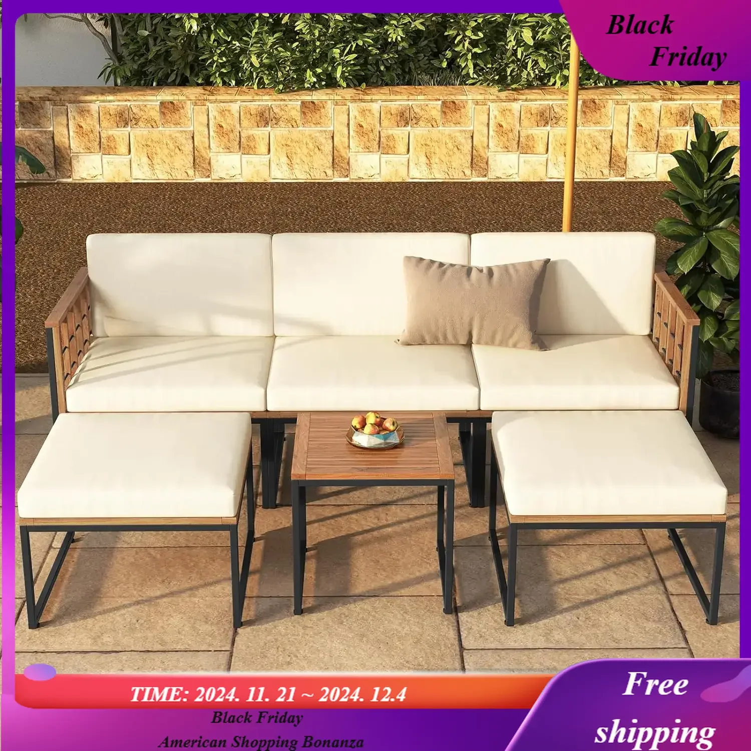 

Acacia Wood Patio Furniture Set, Patiojoy Outdoor Sectional Conversation Sofa Set with Cushions, Coffee Table and Ottomans