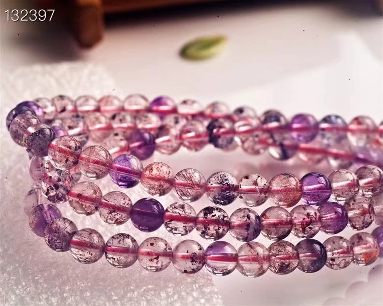 Natural Super Seven 7 Lepidocrocite Quartz 3 Laps Bracelet Brazil 6mm Clear Round Beads Stretch Crystal AAAAAA