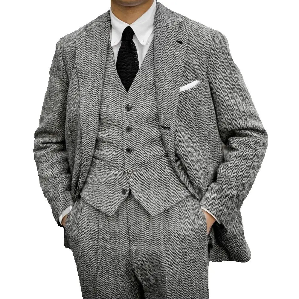 

New Arrival Herringbone Men Suits Notch Lapel Single Breasted Tweed Outfits Wedding Party Business Casual Male Cothing 3 Piece