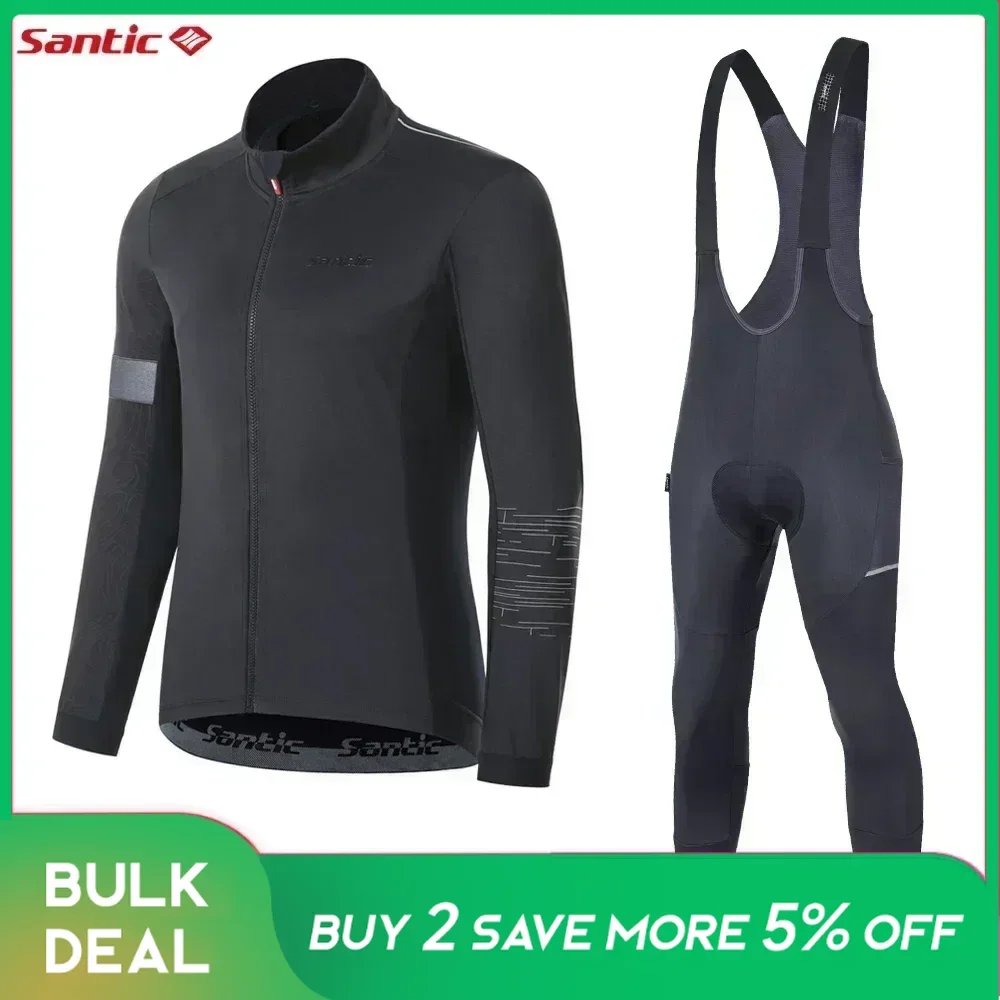 Santic Men's Cycling Sets Winter Fleece MTB Jackets Bicycle Clothing Thermal 4D Padded Bib Pants Windproof Long Distance Riding