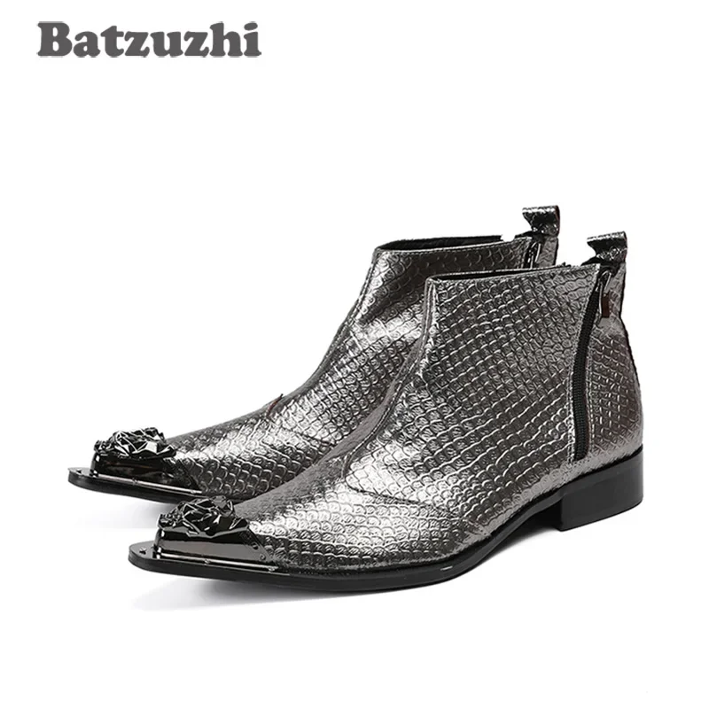 

Batzuzhi Japanese Style Handmade Men Boots Metal Pointed Toe Grey Genuine Leather Men Boots Ankle Party Wedding Botas Hombre!