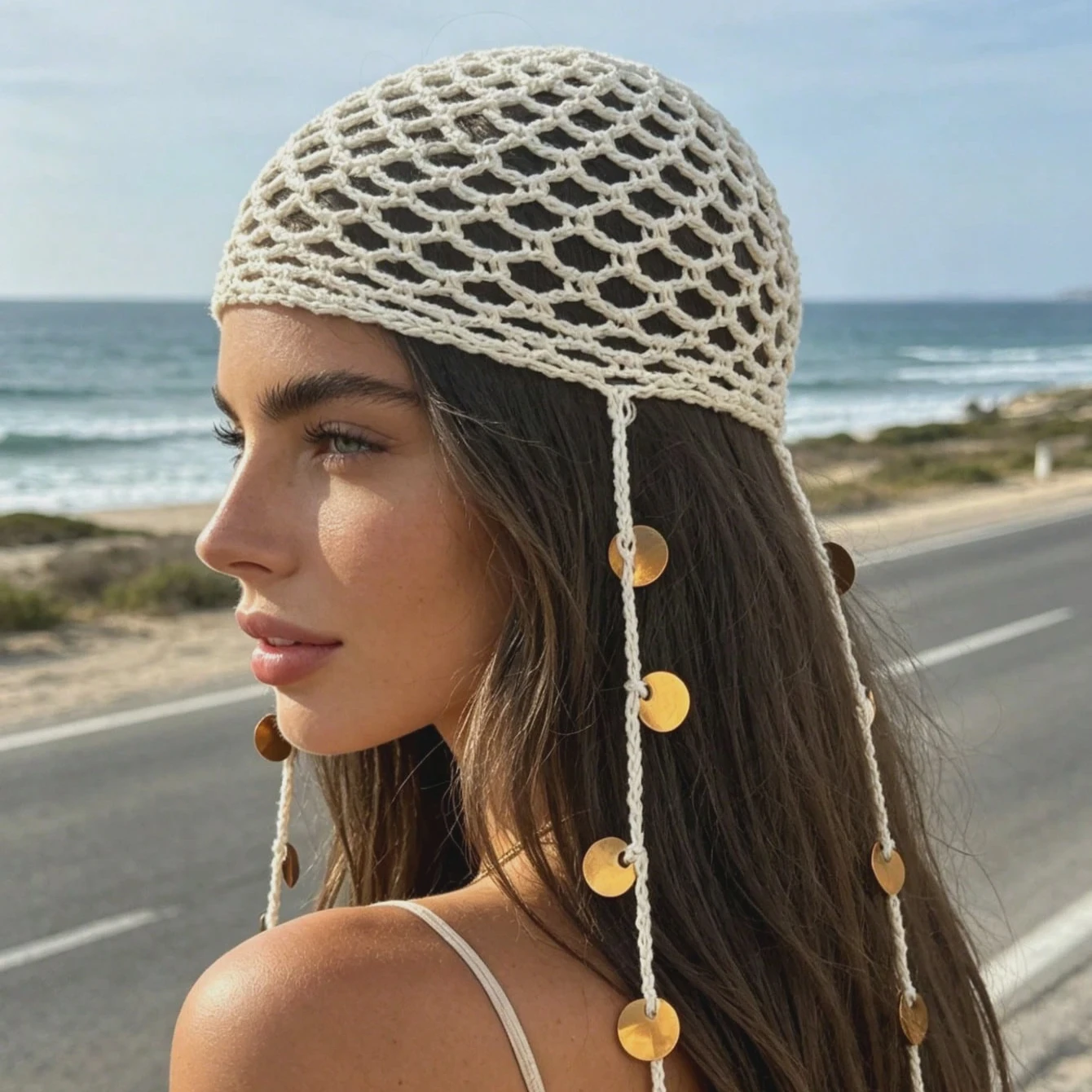 Bohemian Sequin Pendant Mesh Hollow Knit Hat Women's Decorative Hat Beach Headscarf Vacation Travel Accessory Party Gift
