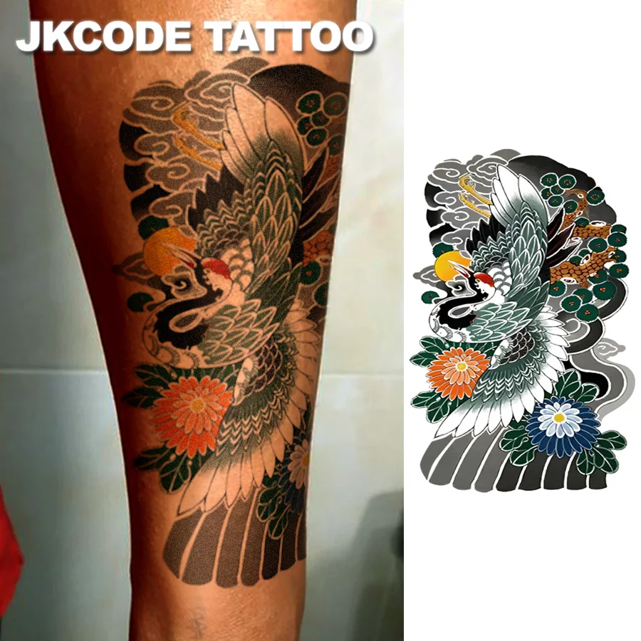 Oriental Crane Arm Tattoo - Black and Green Ink Painting Red-crowned Crane Totem Arm Ring Tattoo Sticker - Dual-use men's mythological pattern temporary tattoo for hands and back - Lasts 3-5 days