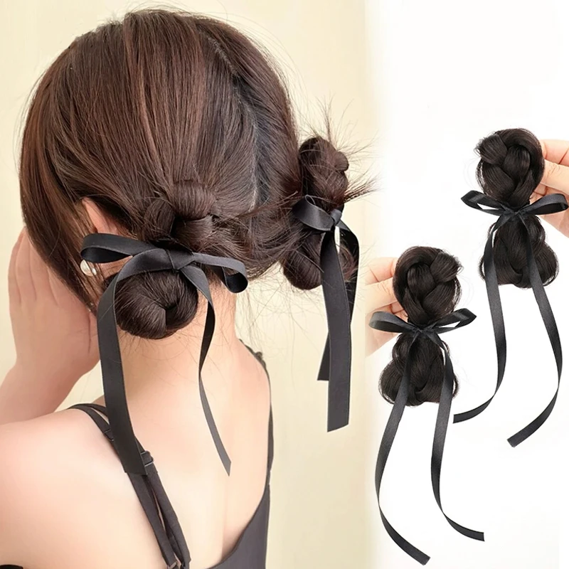 

Girls Braid Scrunchie Chignon With Rubber Band Brown Black Synthetic Hair Ring Wrap On Messy Bun Ponytails Straight Hair
