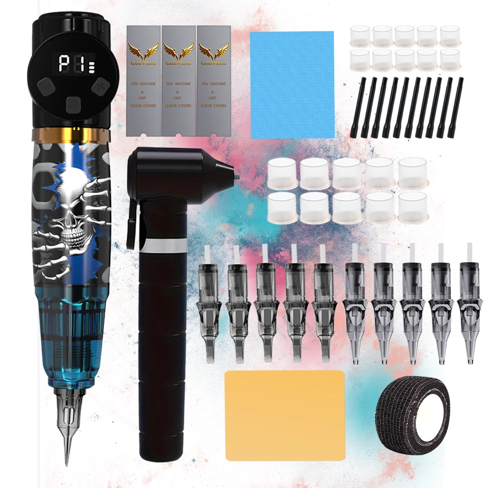 Skull Print Cordless Rotary Tattoo Pen Kit Digital Display Complete Tattoo Starter Supplies
