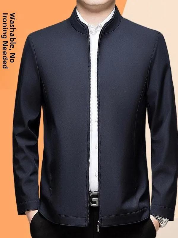 

Spring Autumn New Sle Silk Jaet Men's Casual Thin Stand Collar No Iron Busin Top Quali Polyester Fabric