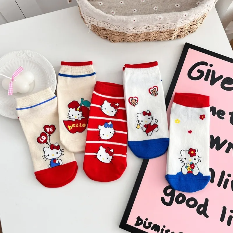 

5Pairs Sanrio Hello Kitty Socks kawaii Cute Cartoon Anime Socks for Men Women Hip Hop Street Fashion Novelty short boat Socks