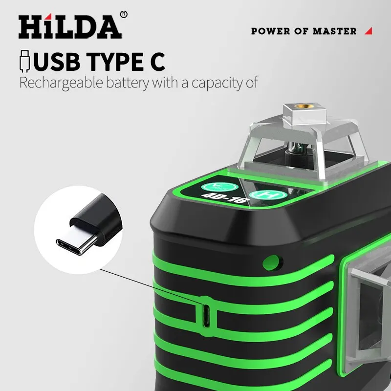 HILDA Laser Level Mini 12/16 Lines 3D/4D Self-Leveling 360 Horizontal And Vertical Cross Super Powerful Portable Green Laser