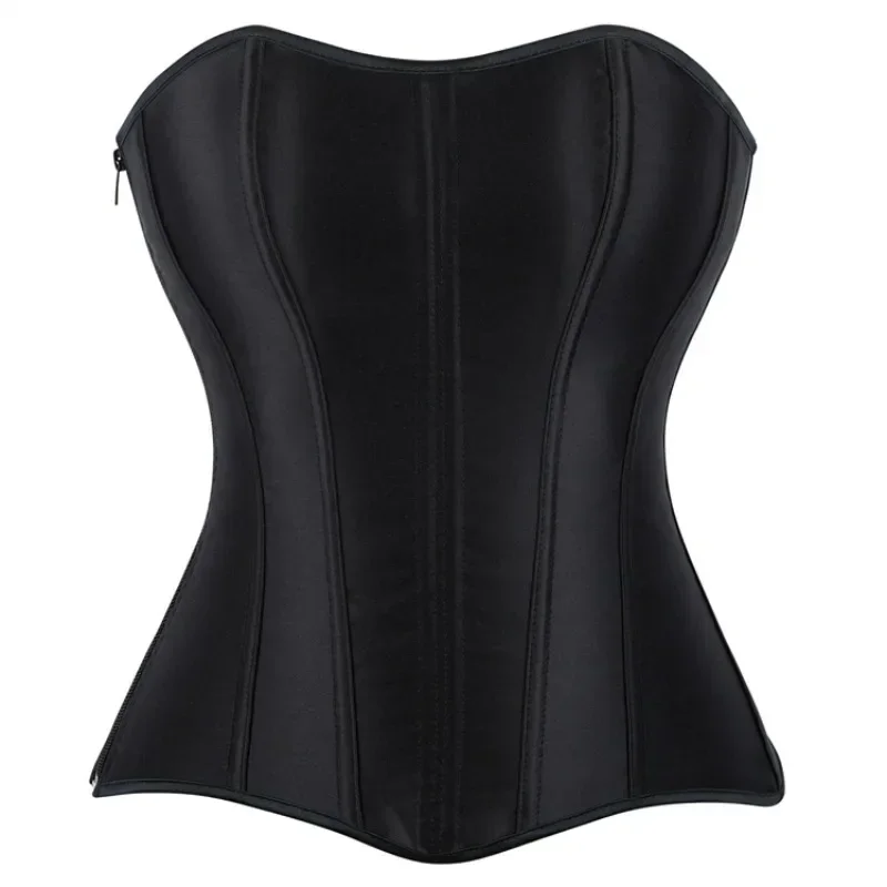 Women's Overbust Corset Tops Black Satin Gothic Lace-up Boned Bustier Shapewear Slimming Waist Shaping Korset