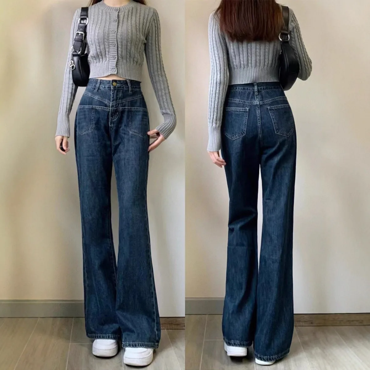 

Retro High Waist Wide Leg Jeans Early Autumn Style Loose Fit Straight Cut Slimming Capri Trousers for Women Cotton Zipper