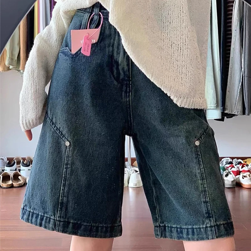 

Retro American Denim Shorts Summer Women's High Waist Loose Wide Leg Short Pants Casual Fashion Pockets Knee-length Shorts ﻿