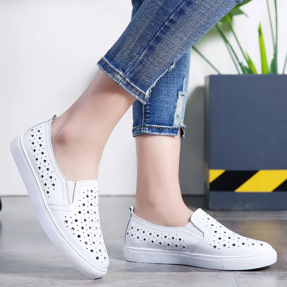 Zapatos planos plateados ahuecados para mujer, mocasines blancos de cuero partido, náuticos, cómodos, para todo el día