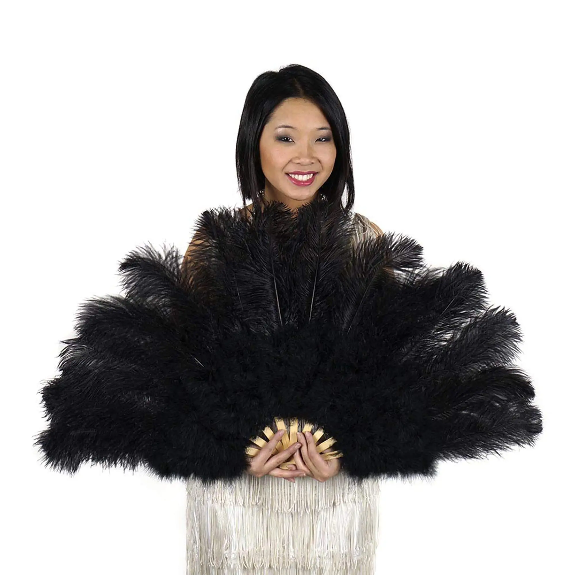 

13 Bone Hand feather Fan ostrich plumas for Dancer Show Stage Performances Decor Folding Crafts Fan with ostrich Feather