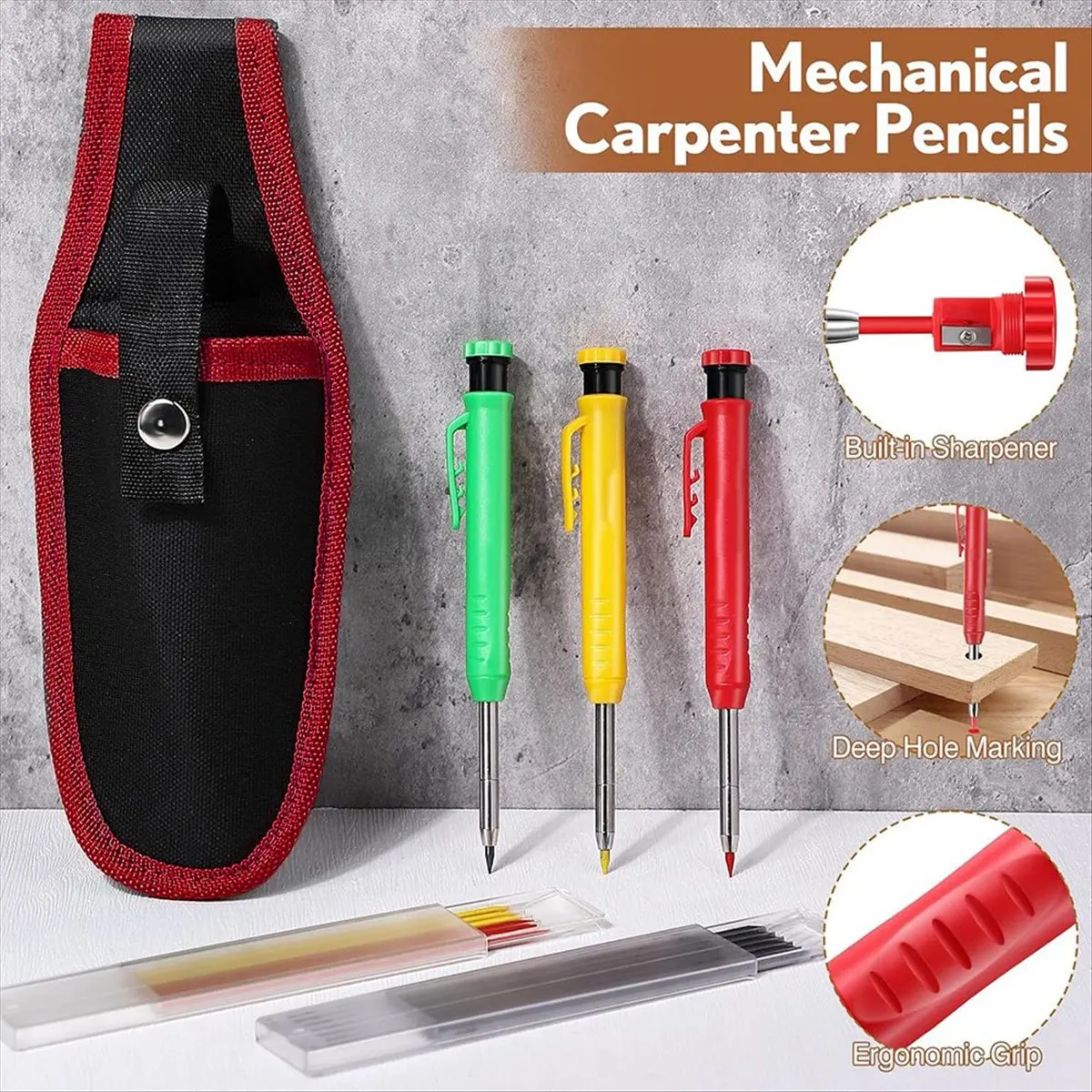 Latest ABBQ-3 Pcs Mechanical Carpenter Pencils with Tool Pouch, Construction Pencils with 36 Refills, Deep Hole Marker Pencil