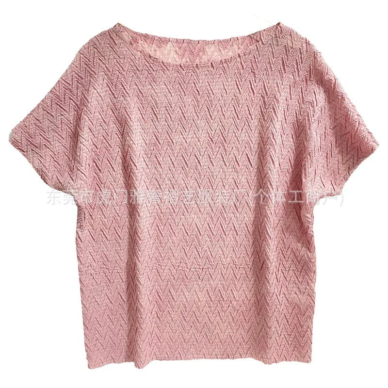

Miyake Pleated Solid Colour T-shirt Jacquard Short-sleeved Top 2025 Summer New Fashion Loose Round Neck Bat Sleeve Casual Shirt