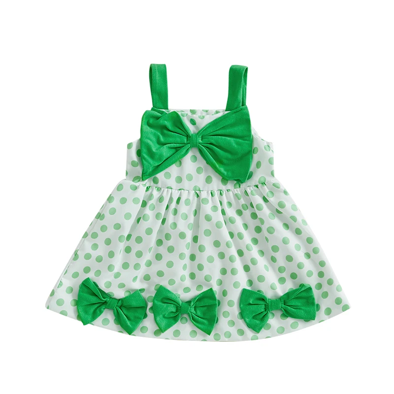 Toddler Girls Irish Day Dress Casual Dot/Clover Print Cute Bow Sleeveless A-Line Dress for Beach Party Cute Clothes