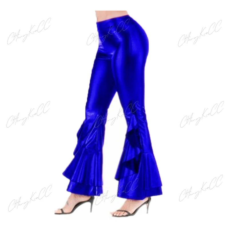 Pantalones acampanados holográficos brillantes para mujeres y niñas, pantalones metálicos de cuero PU, cintura elástica, parte inferior de campana, ropa de Club Sexy