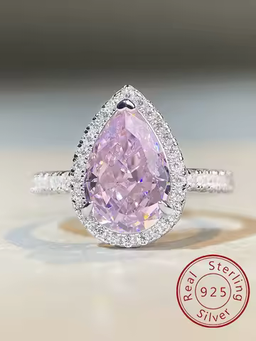 925 Sterling Silver Gorgeous Pink Color Zircon Water Drop Ring For Women Engagement Wedding Luxury High Quality Fine Jewelry